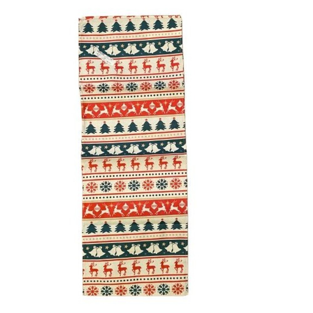 Christmas Table Runner 13x72in Woven Polyester Reindeer Trees Bells Snowflakes